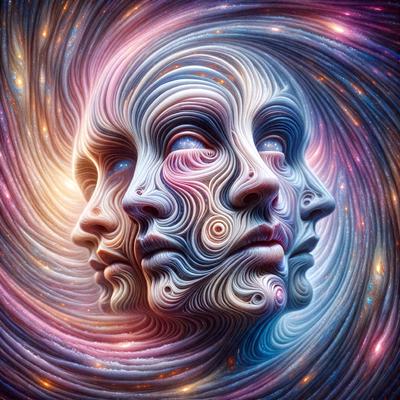 The primary subject of the image is a close-up of a person's face, with a focus on the eyes. The setting is a space-themed background, featuring a purple and blue color scheme. The visual style is a digital art or illustration, creating a surreal and intriguing atmosphere. The dominant colors are purple and blue, which contribute to the overall mood of the image.